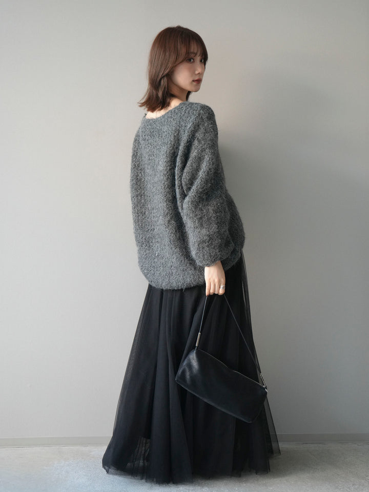 [SET]ウールタッチラメミックスヤーンVネックニットプルオーバー+チュールボリュームスカート(2set)