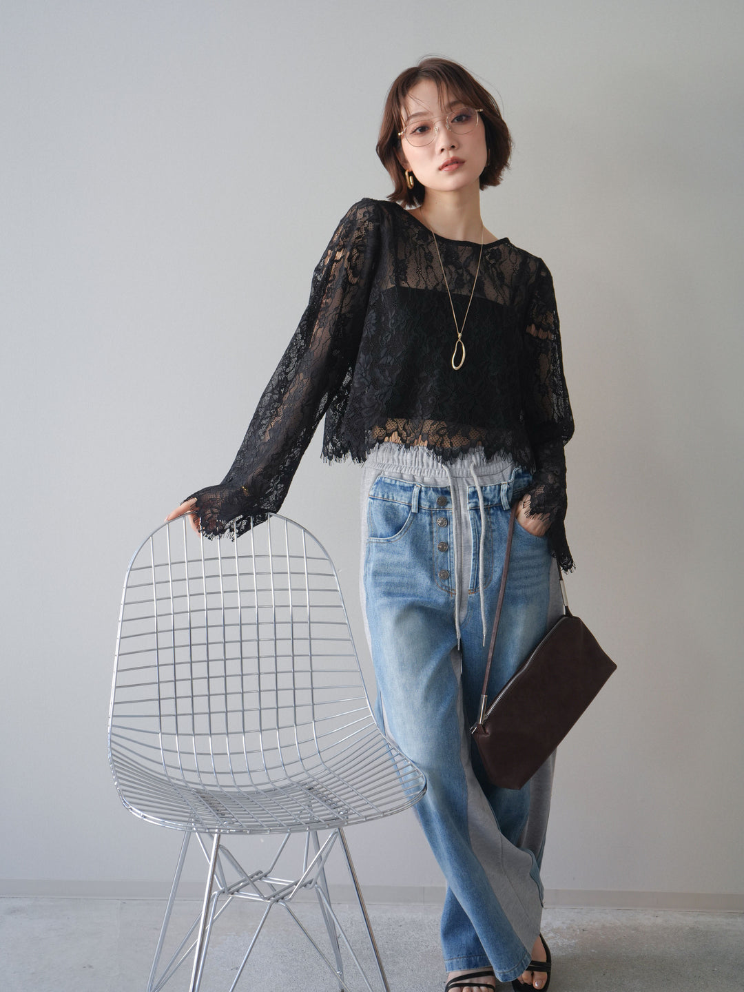 [SET]2WAYスリーブレーストップス+デニム切替スウェットパンツ(2set)