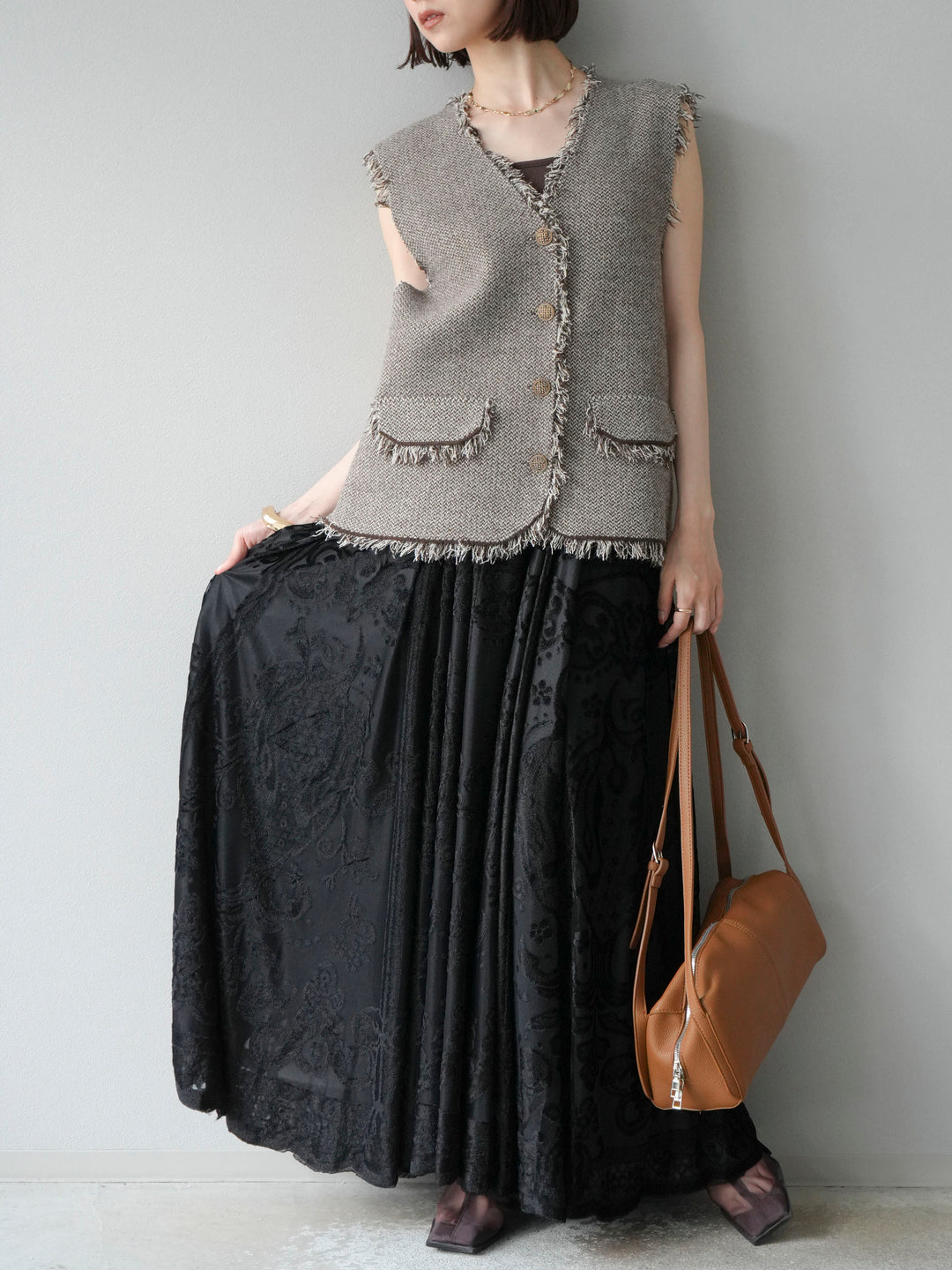 [予約]アンティーク柄フロッキーマキシスカート/ブラック