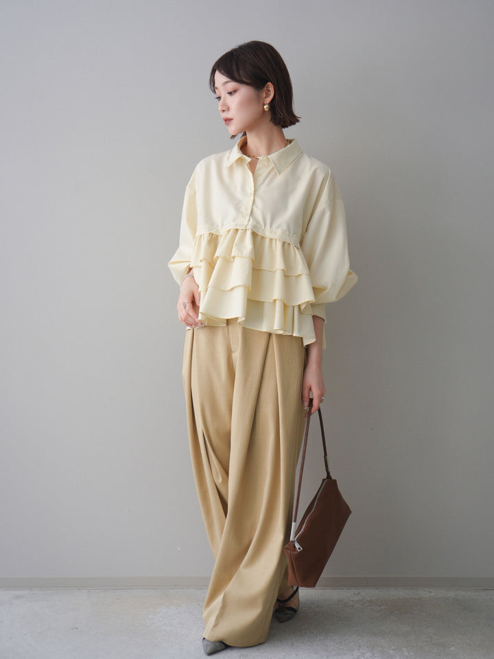 [SET]ブロードティアードショートシャツ+TRツイルデザインタックワイドパンツ(2set)