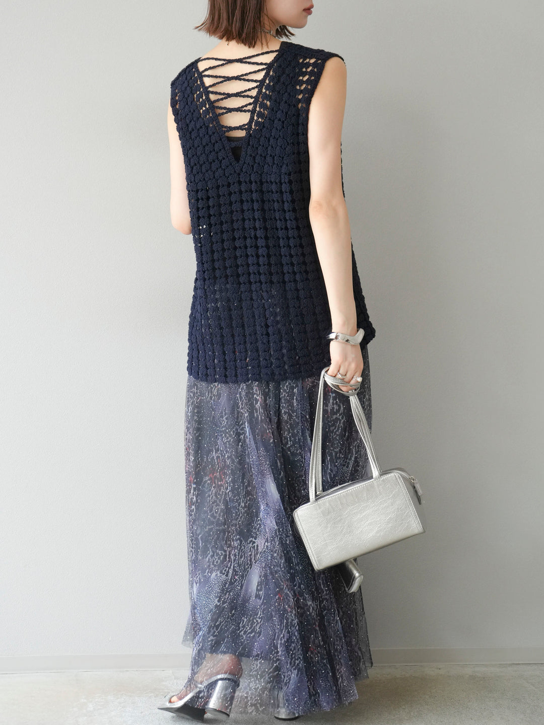 [予約]ニュアンス柄チュールレイヤードプリーツスカート/ネイビー