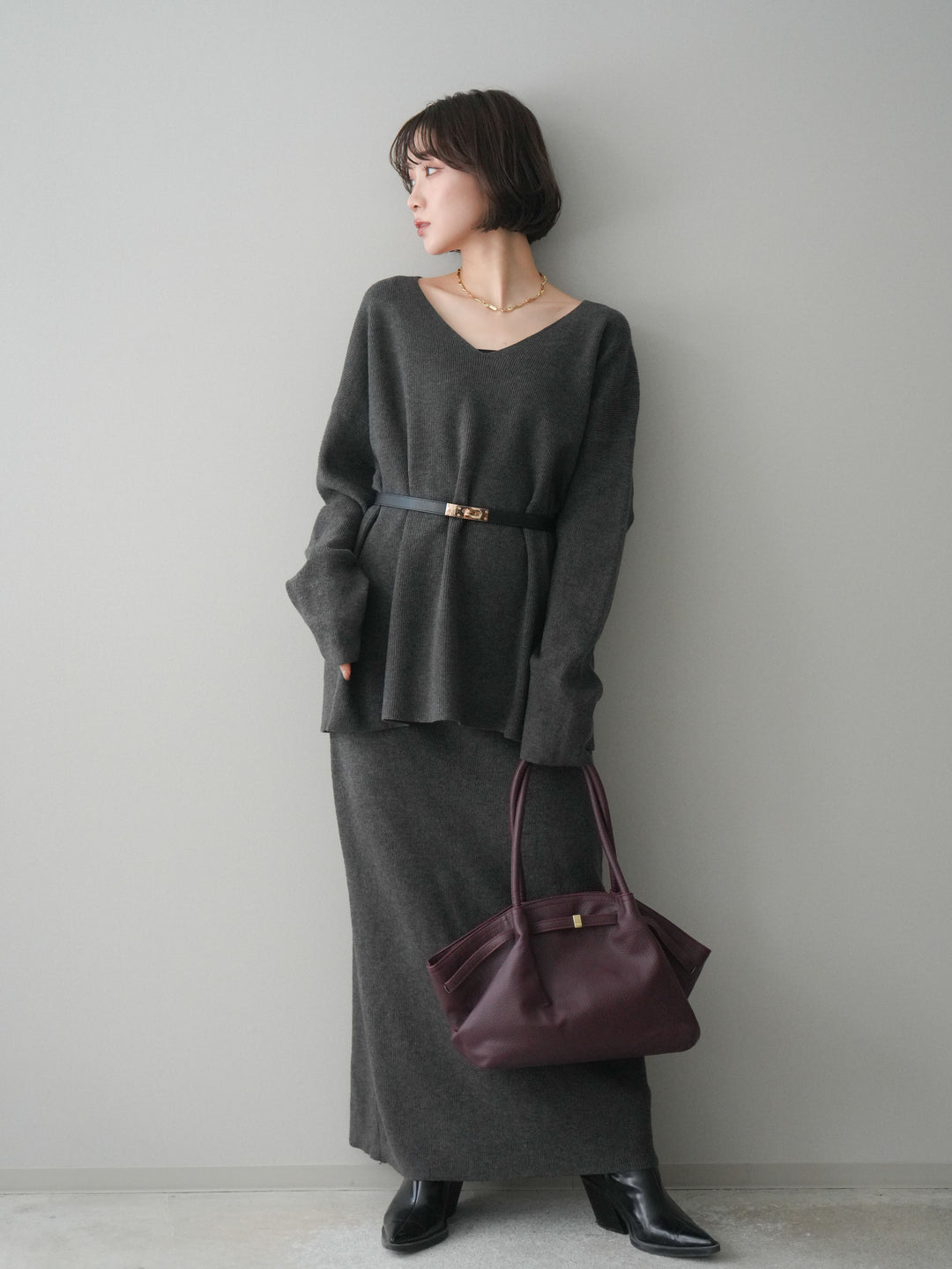 [SET]ベルト付Vネックニット＆スカートSET UP+ベルト付Vネックニット＆スカートSET UP(2set)