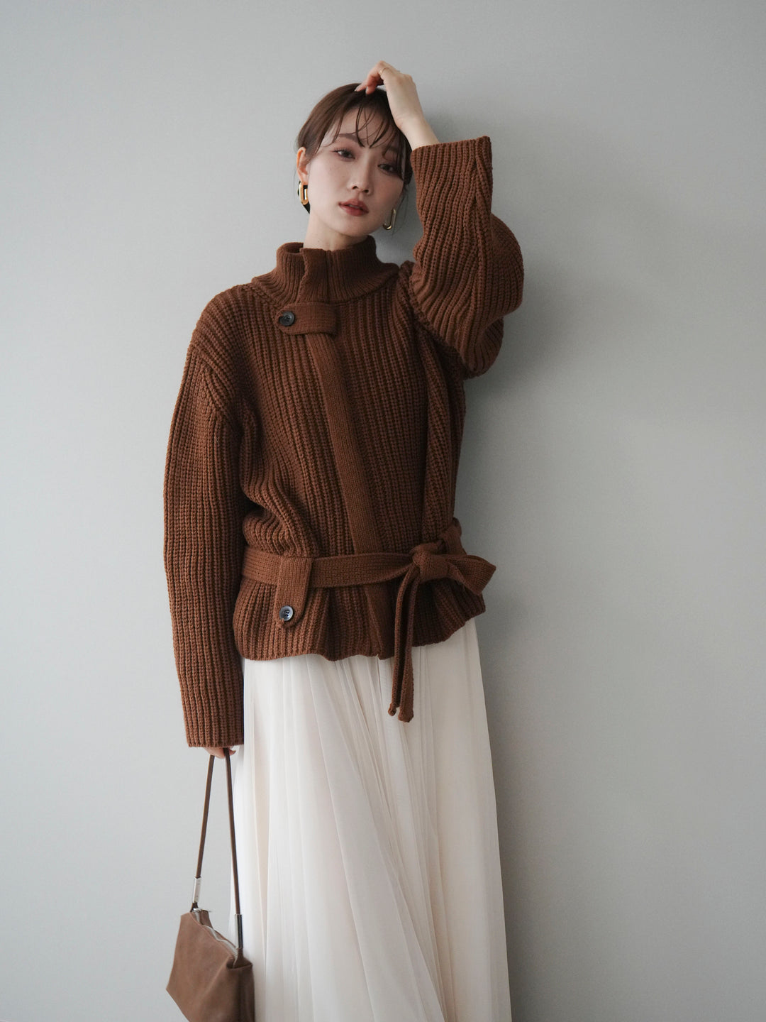 [予約]畦編みボトルネックZIPニットカーディガン/brown