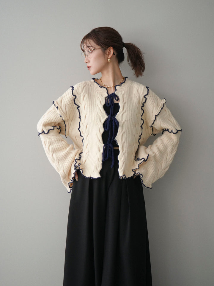 [SET]フロントリボン配色メローニットカーディガン+テープベルトタックバギーパンツ(2set)