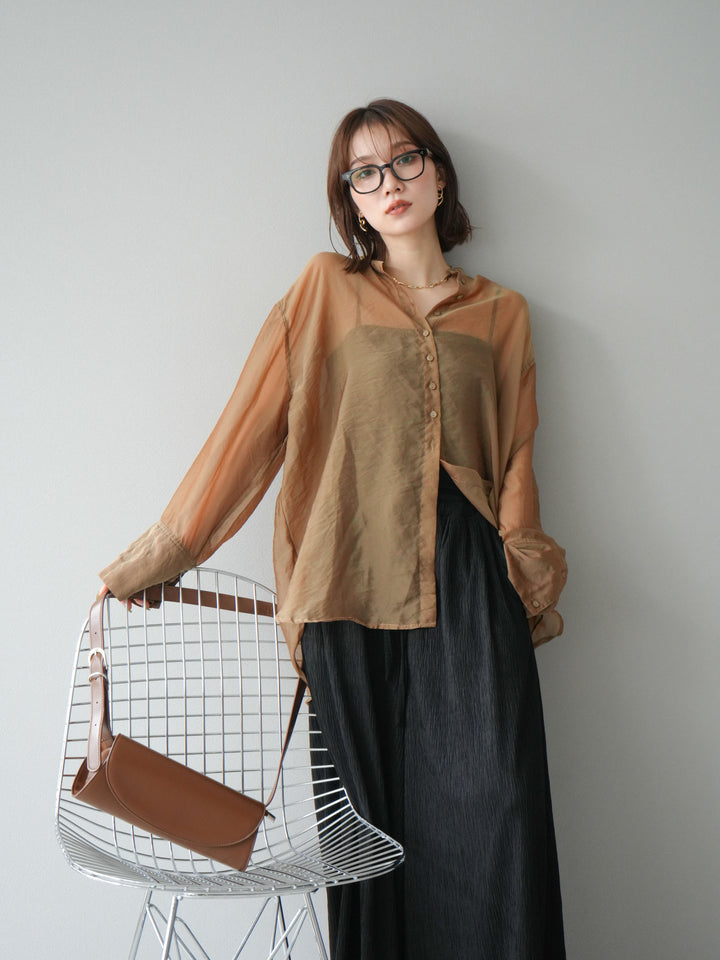 [SET] 亮面透視立領襯衫 + 柳葉寬褲 (2set)