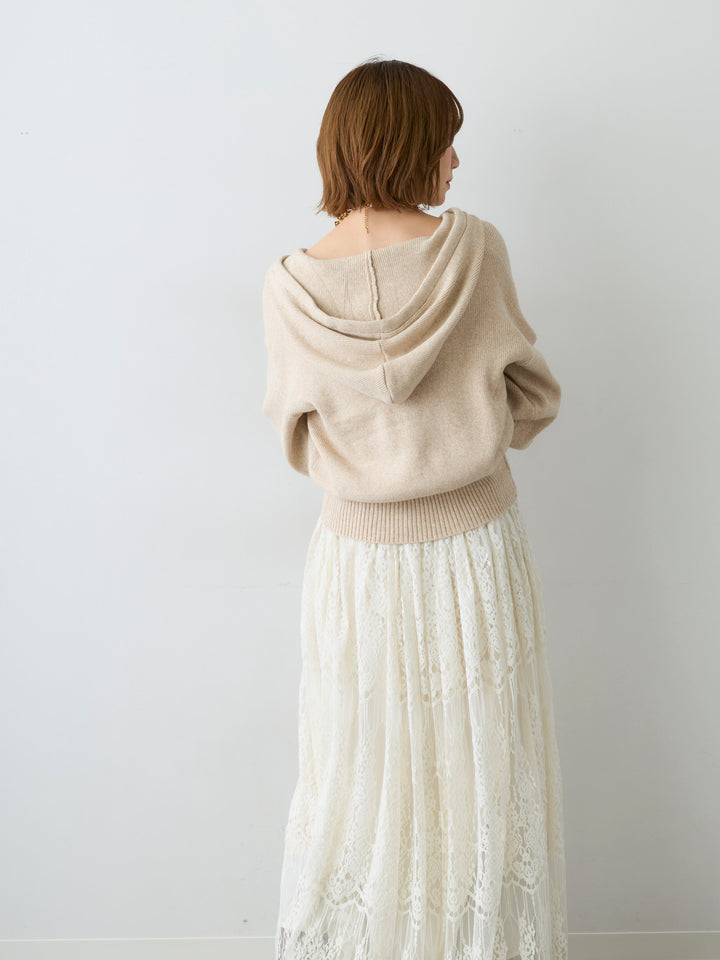 [予約]メランジボリュームスリーブフードニットカーディガン/beige