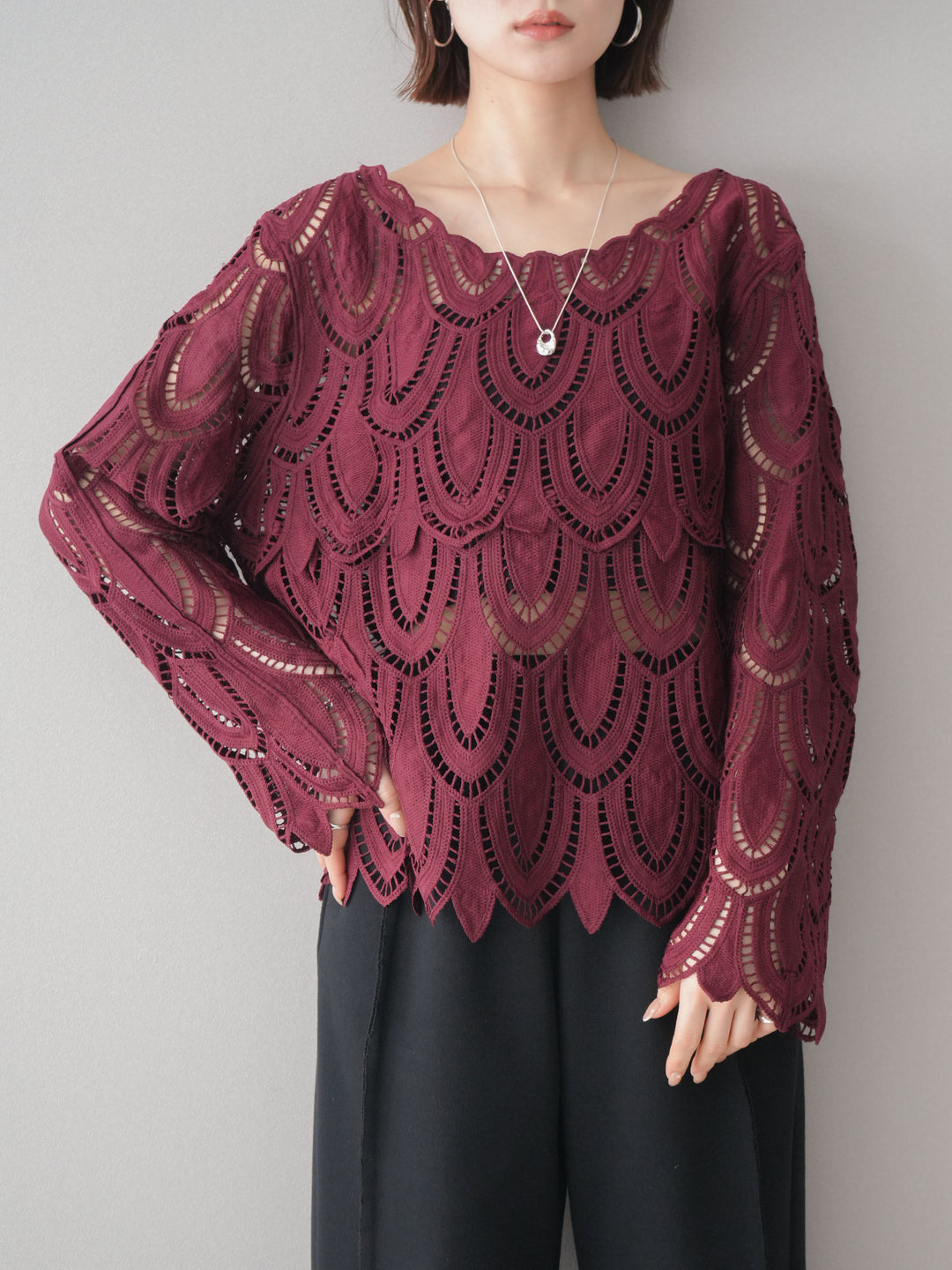 [予約]透かしコードレースブラウス/bordeaux
