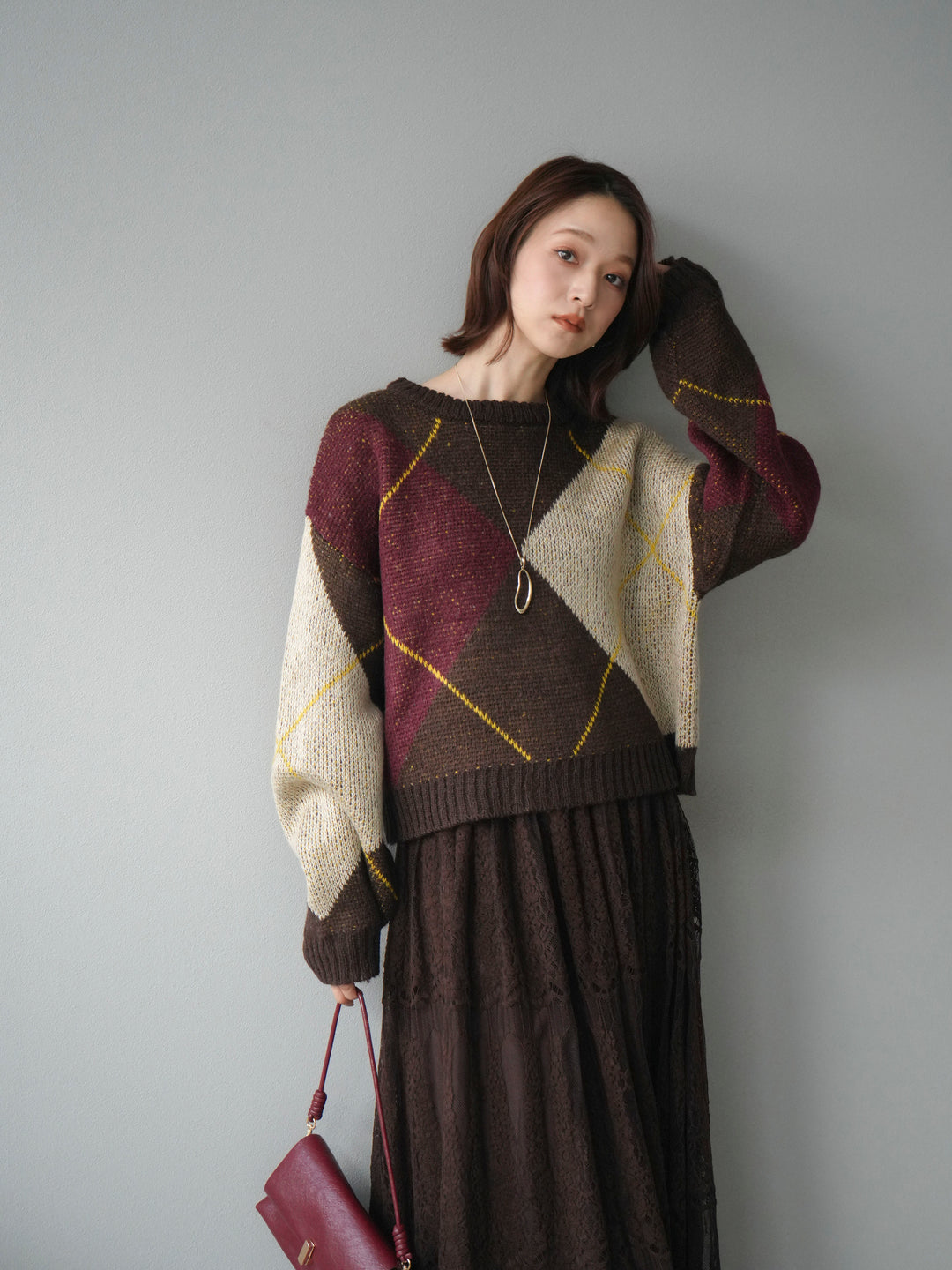 [SET]配色ステッチアーガイル柄ニットプルオーバー+ヴィンテージライクメッシュレーススカート(2set)