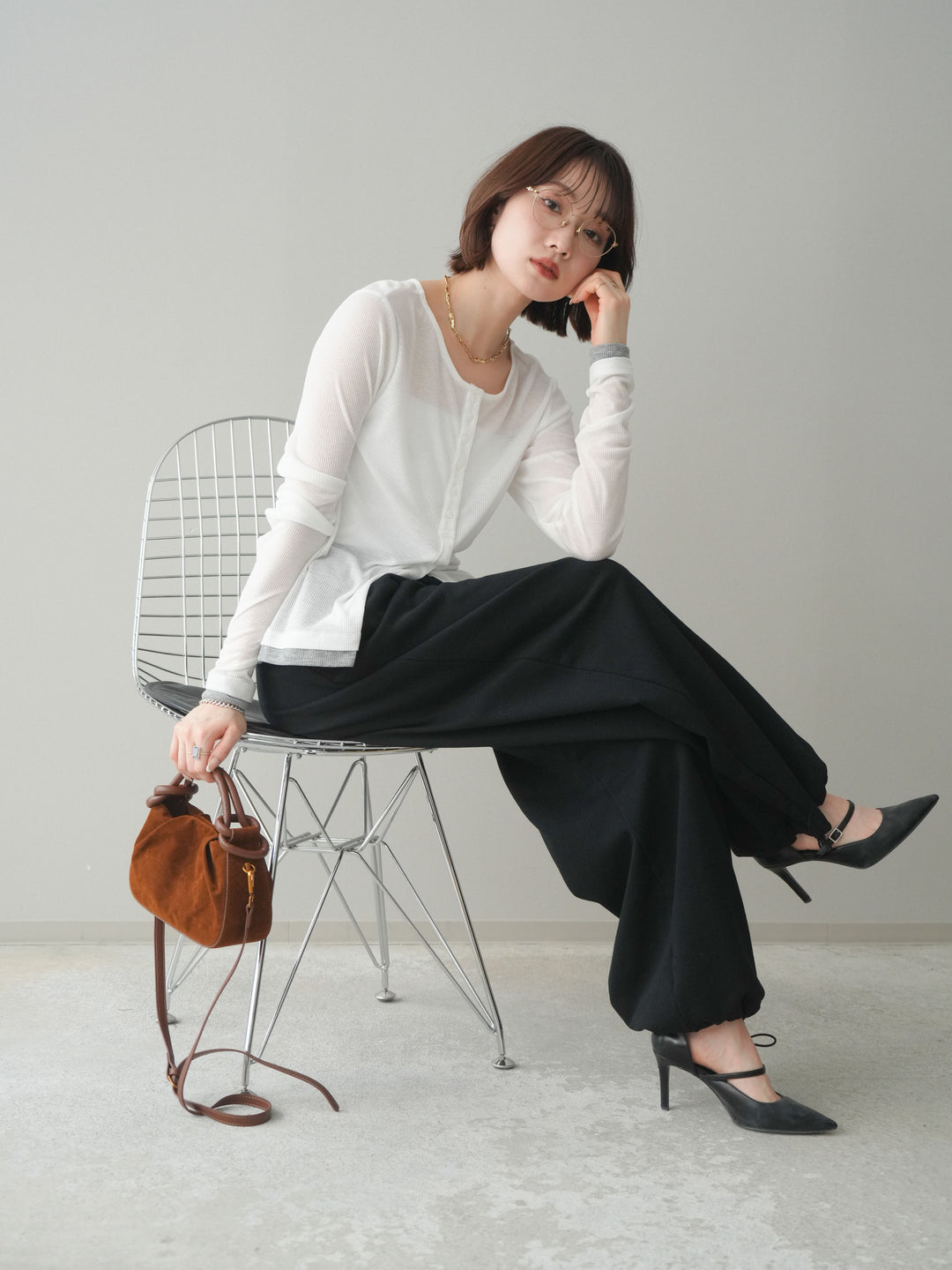 [予約]シアーリブバイカラーカーディガン/white