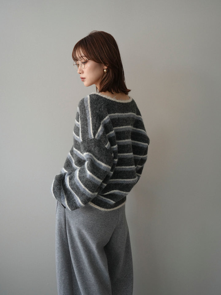 [予約]ウールタッチ配色ボーダーニットカーディガン/gray