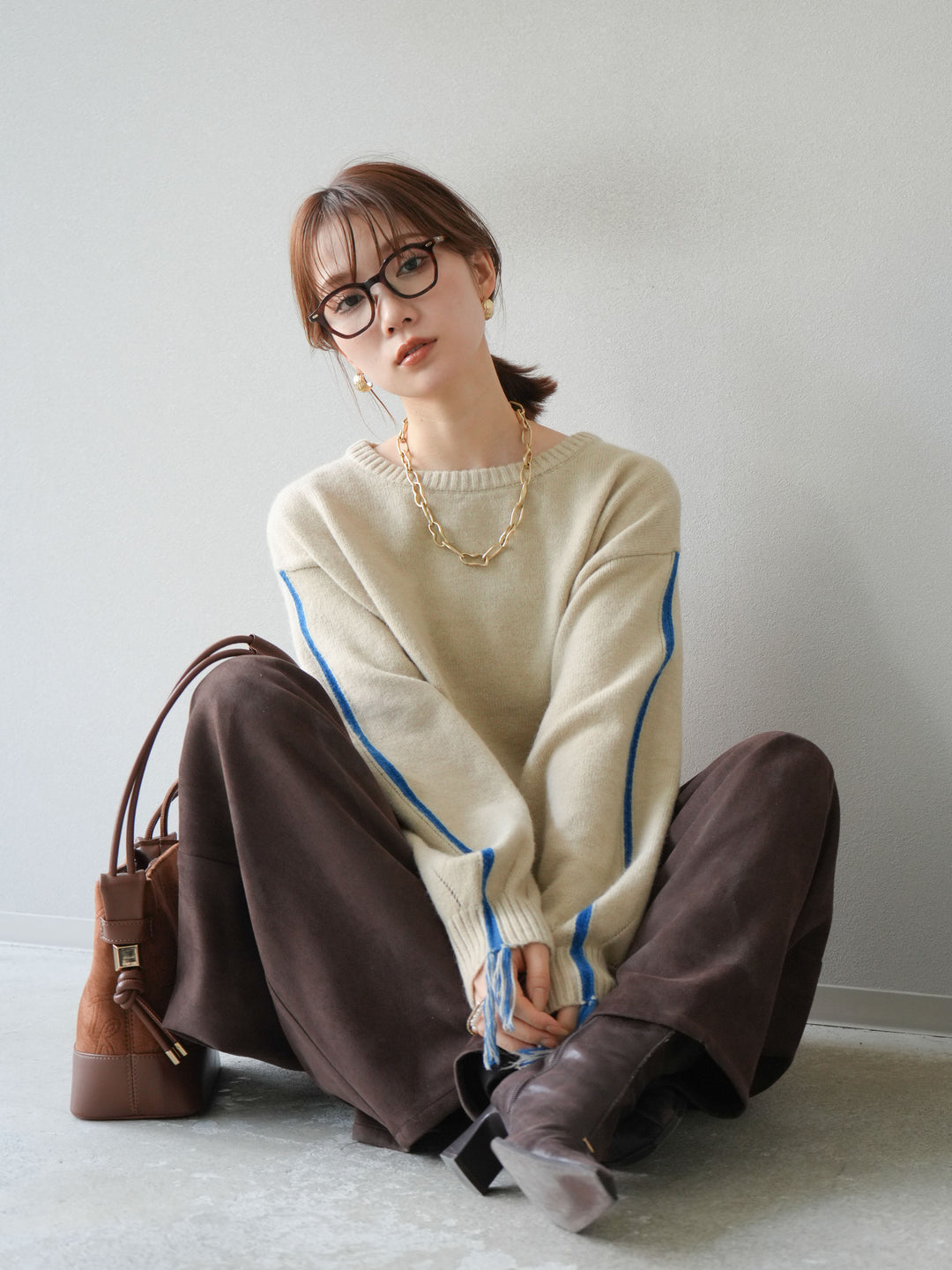 [SET]配色ステッチフリンジニットプルオーバー +スウェードタックワイドパンツ(2set)