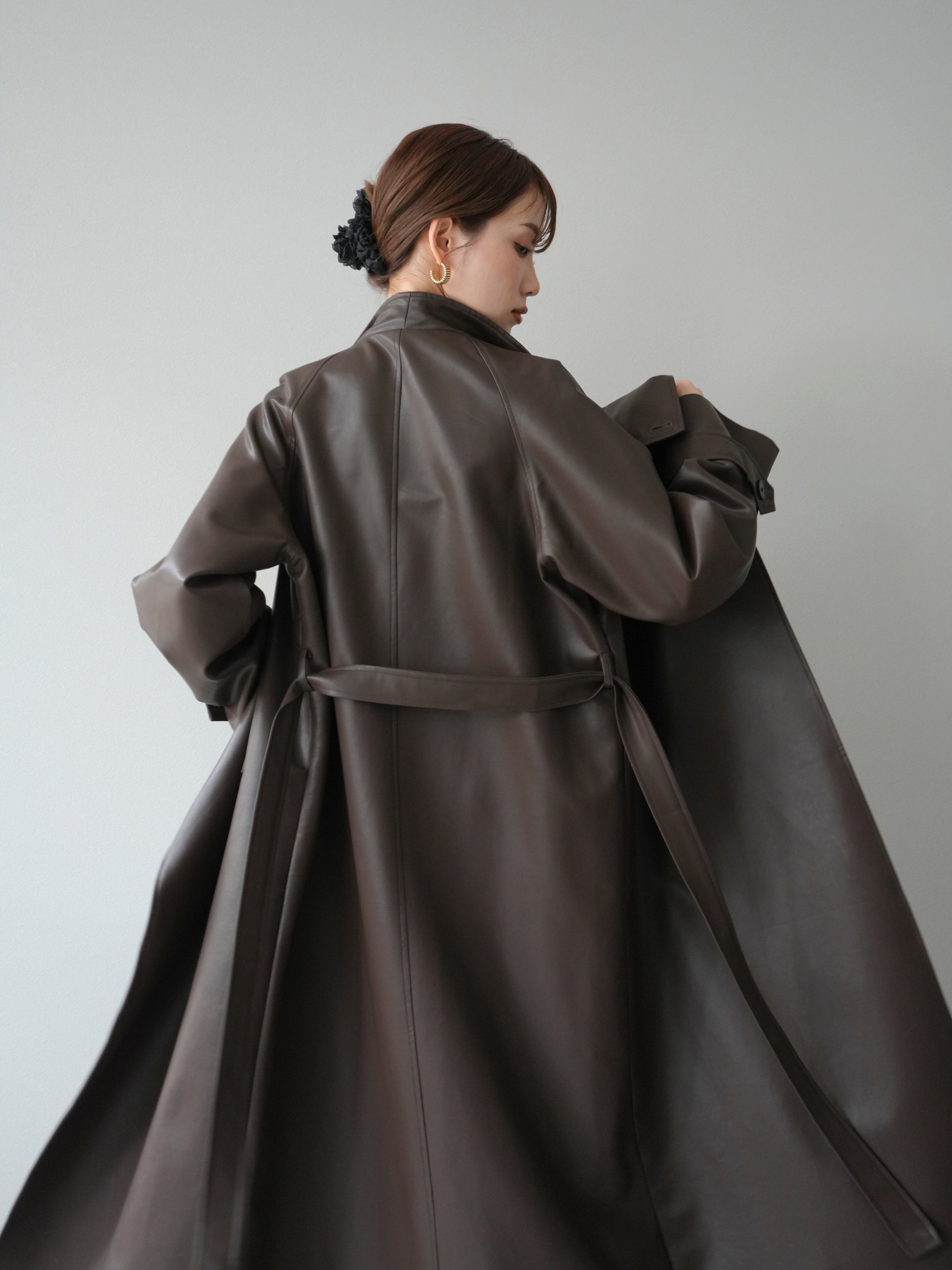 予約]BIGカラーレザーロングコート/ブラウン – Lumier