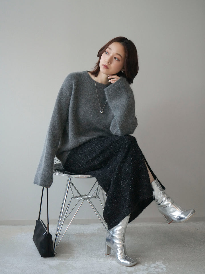 [SET]アンゴラタッチクルーネックニットプルオーバー+ラメシャギーフロントジップスカート(2set)