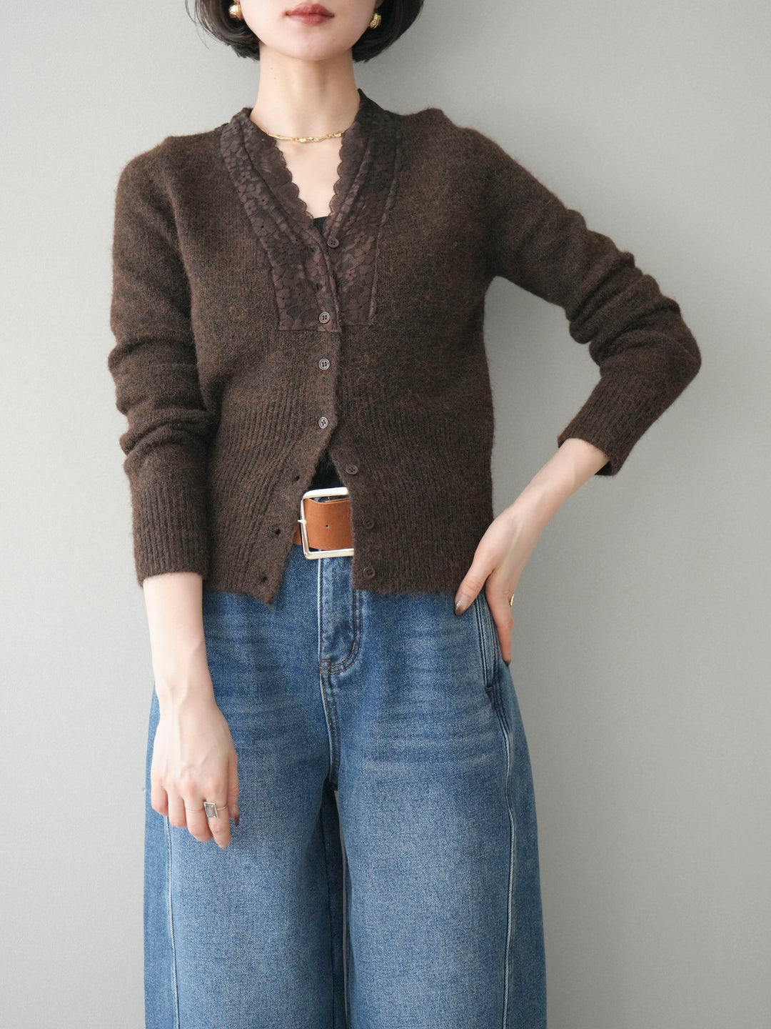 [SET]レースネックコンパクトニットカーディガン+選べるアクセセット(2set)