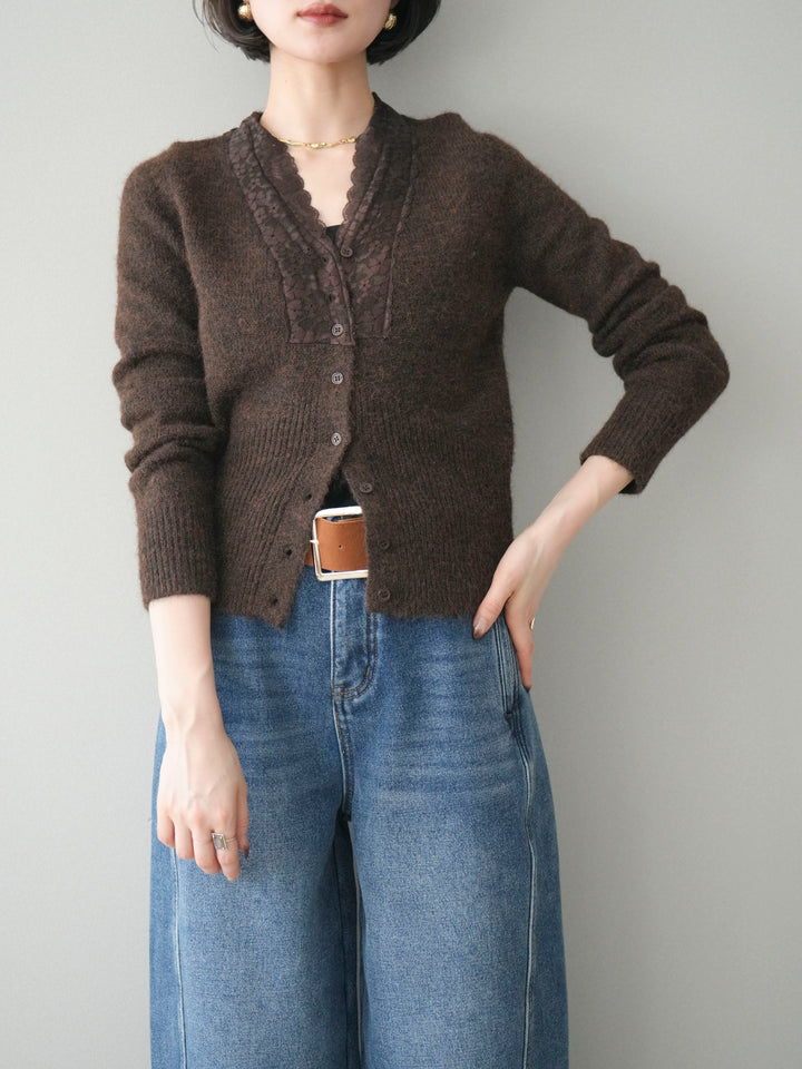 [SET]レースネックコンパクトニットカーディガン+選べるアクセセット(2set)