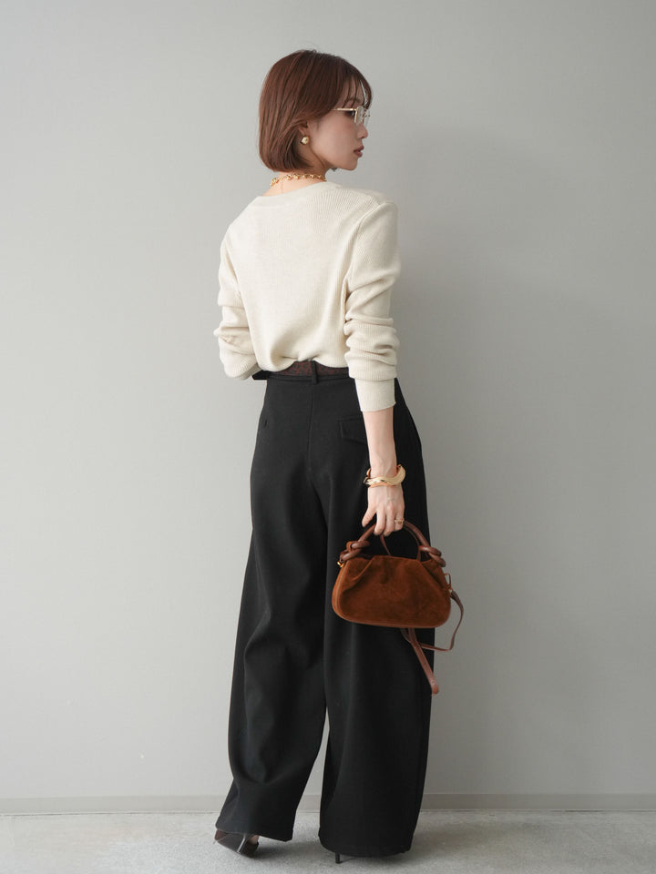 [SET]バイカラーデザインポケット配色ヘンリーネックニットソー+アニマル柄ベルト付きウールタッチワイドパンツ(2set)