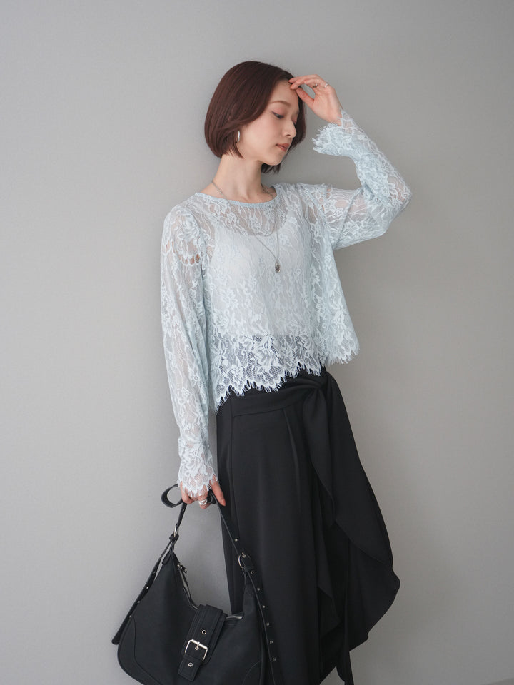 [SET]2WAYスリーブレーストップス+ラッフルベルトワイドパンツ(2set)