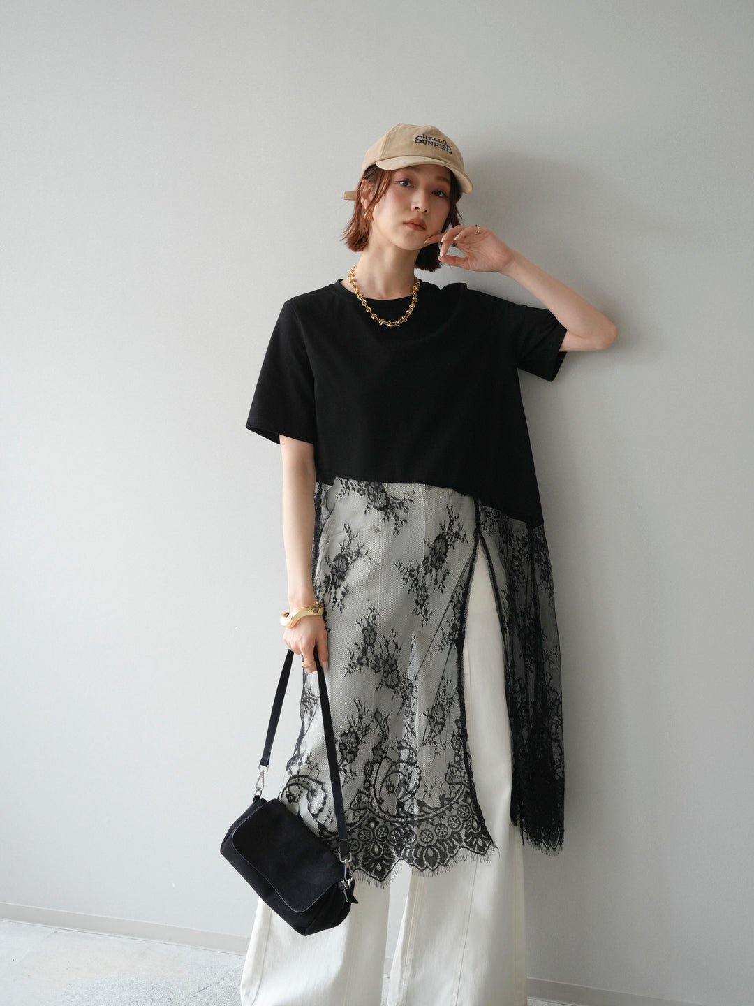[予約]レースドッキングレイヤードワンピースTEE/black