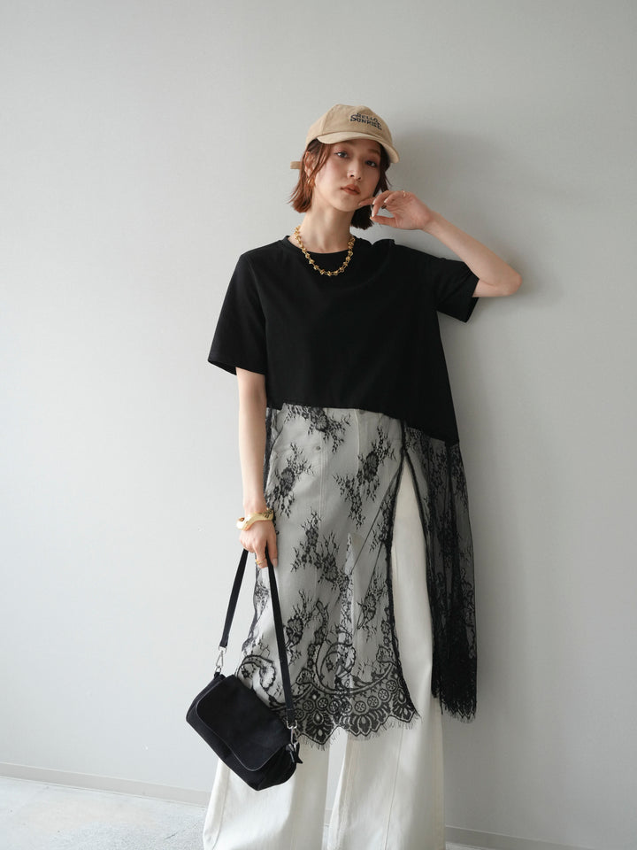 [予約]レースドッキングレイヤードワンピースTEE/black