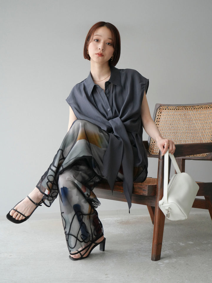 [SET] 前繫帶透視上衣 + 水彩藝術休閒褲 (2 件組)