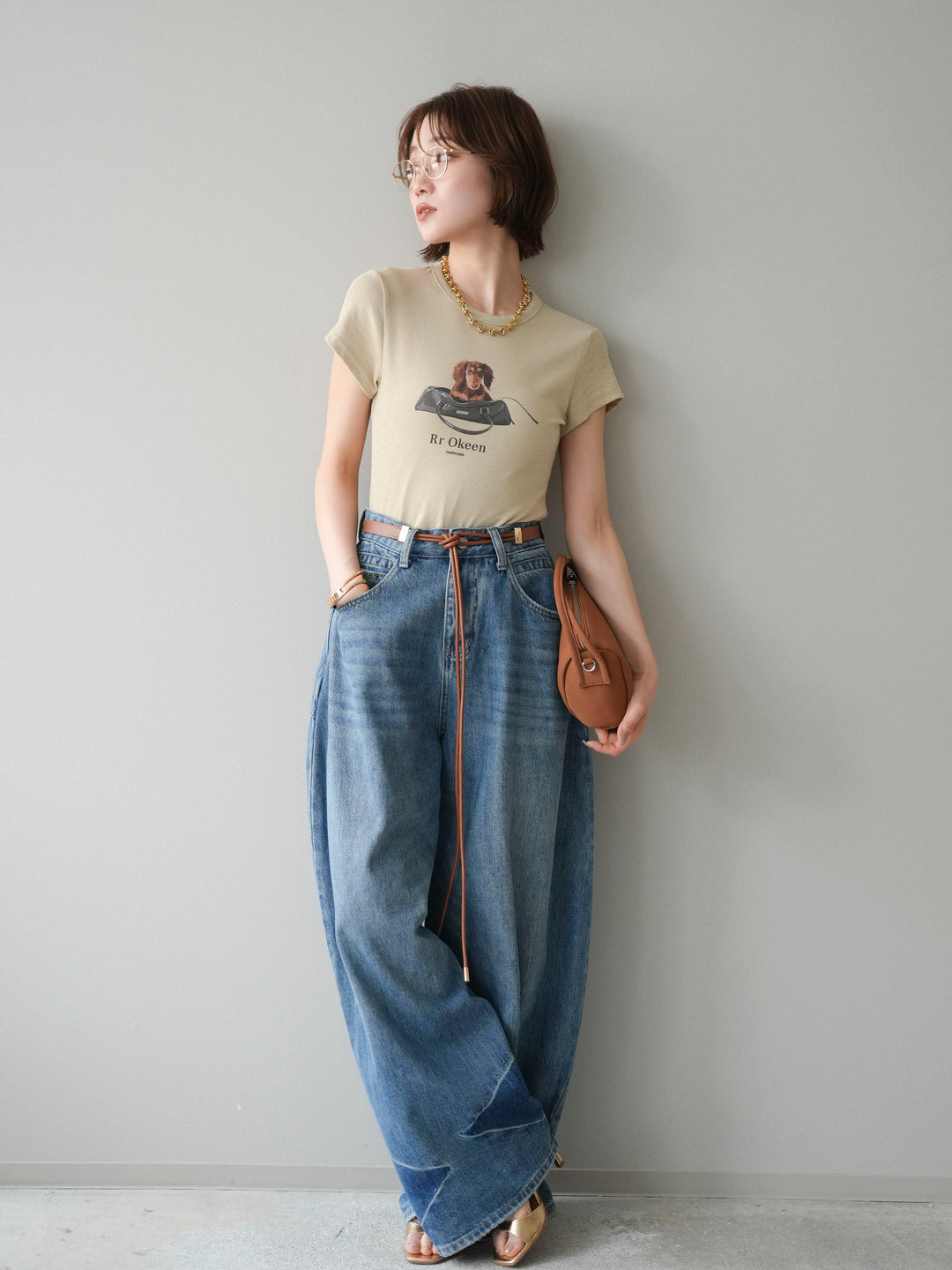 [SET]ドッグコンパクトTEE+ベルト付ボリュームデザインデニム(2set)