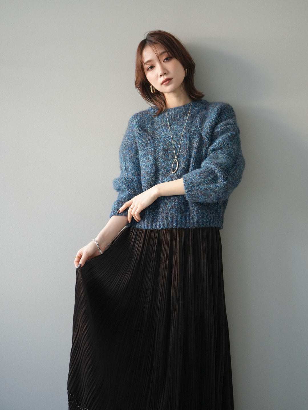 [予約]ワイドケーブルミックスニットプルオーバー/blue