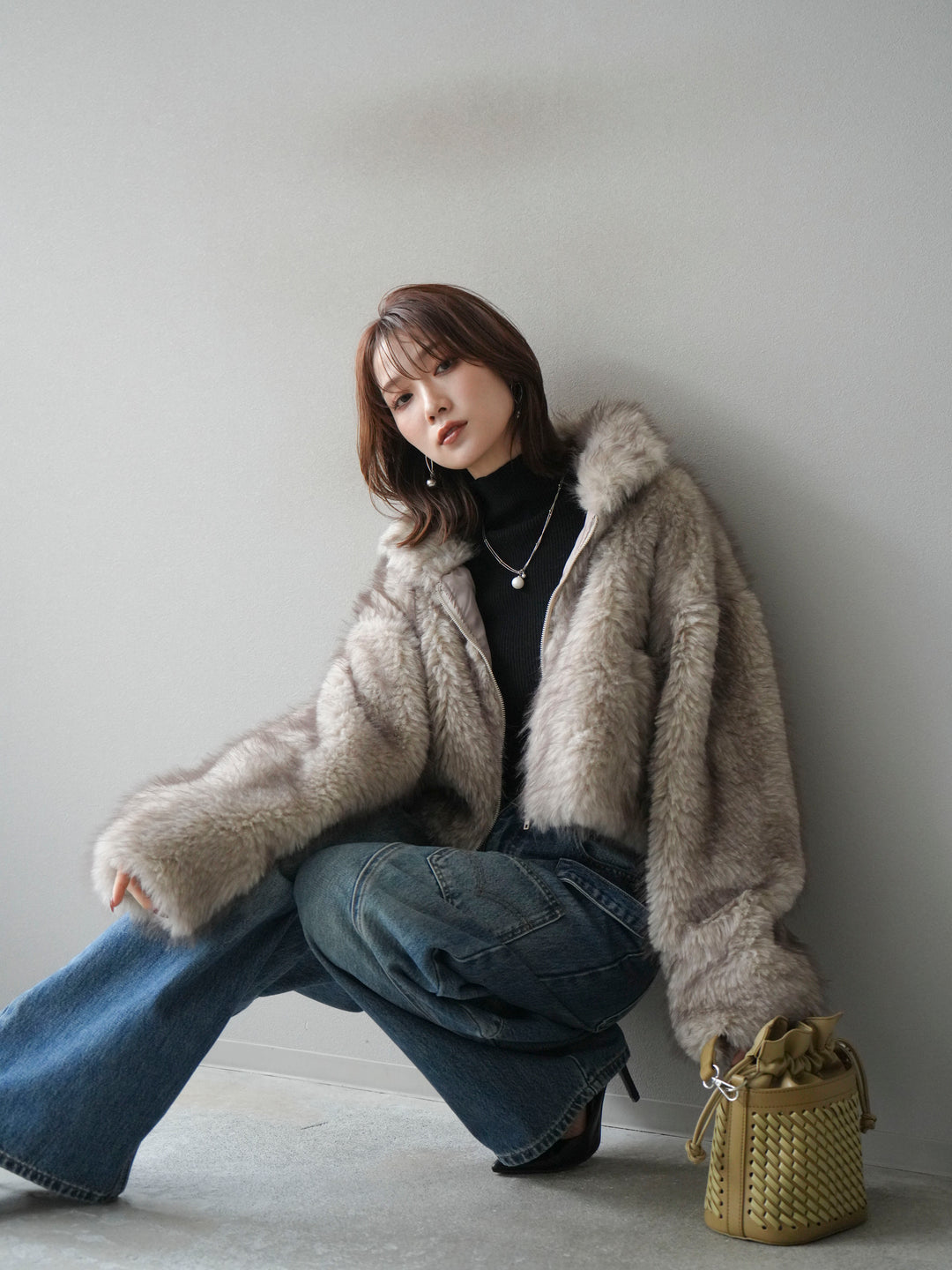 [予約]フェイクファーショートZIPジャケット/beigemix