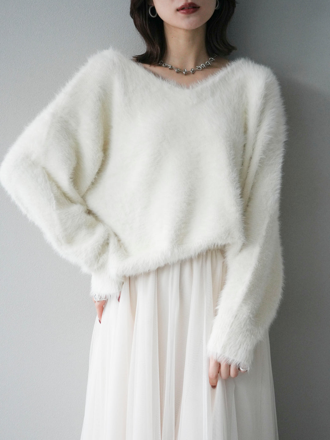 [予約]バックリボンVネックシャギーニットプルオーバー/ivory