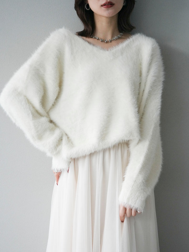 [予約]バックリボンVネックシャギーニットプルオーバー/ivory