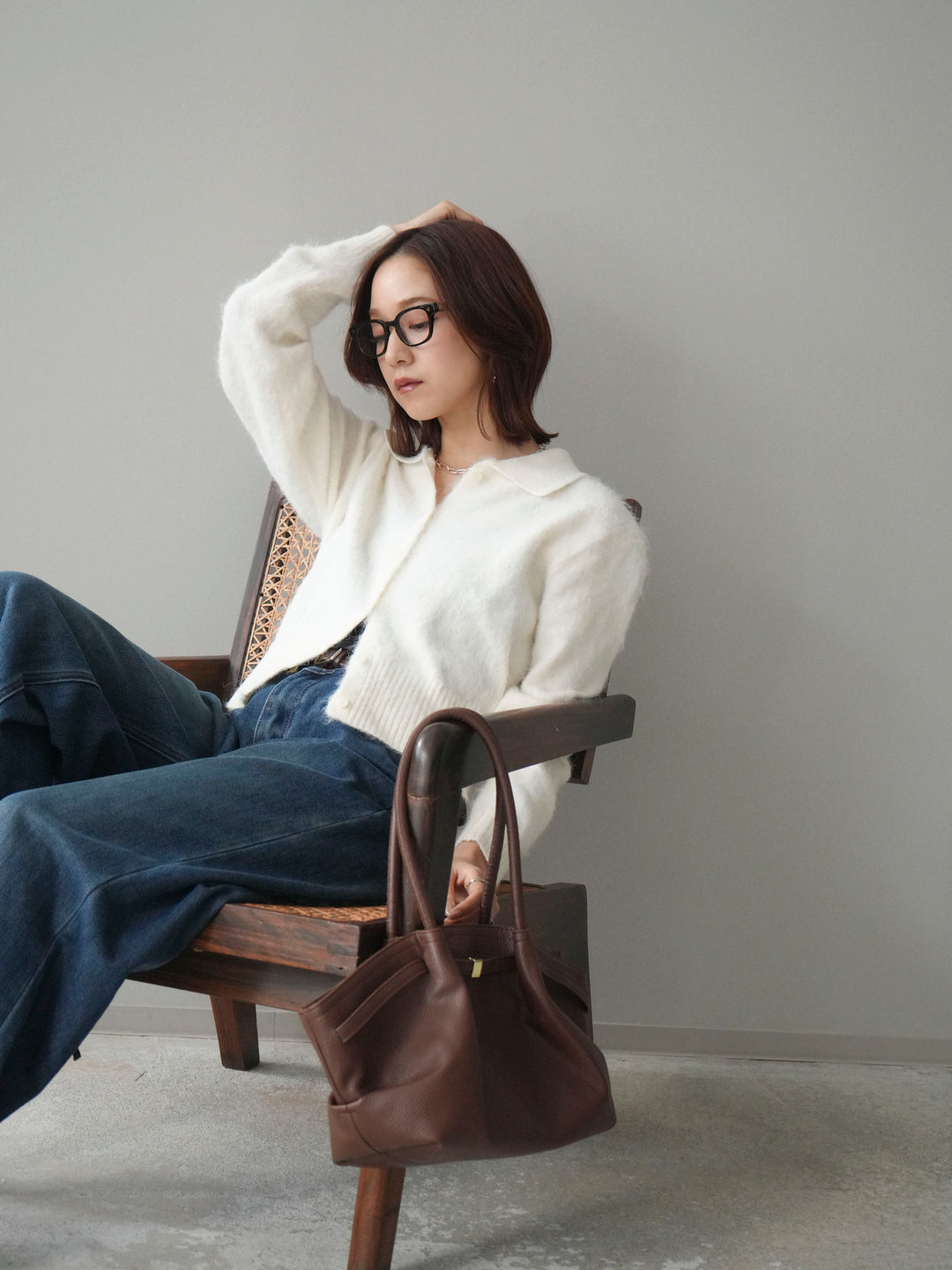 [SET]モヘア衿付きボタンプルオーバー+裏起毛裾フリンジワイドデニムパンツ(2set)