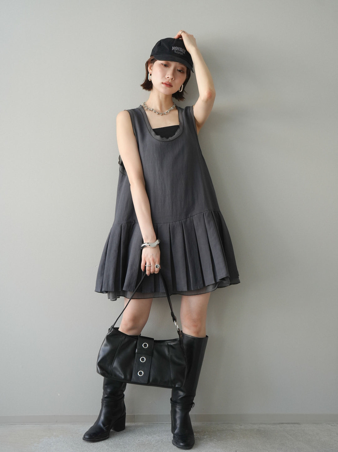 [予約]チュールドッキング裾プリーツミニワンピース/charcoal
