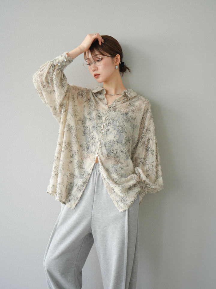[予約]ニュアンスフリンジジャガードボリュームスリーブブラウス/ベージュ