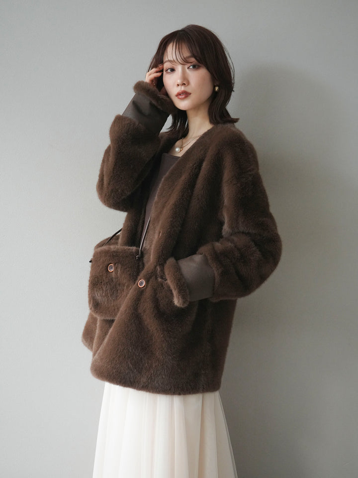 [SET]バッグ付エコファーノーカラーコート+チュールボリュームスカート(2set)