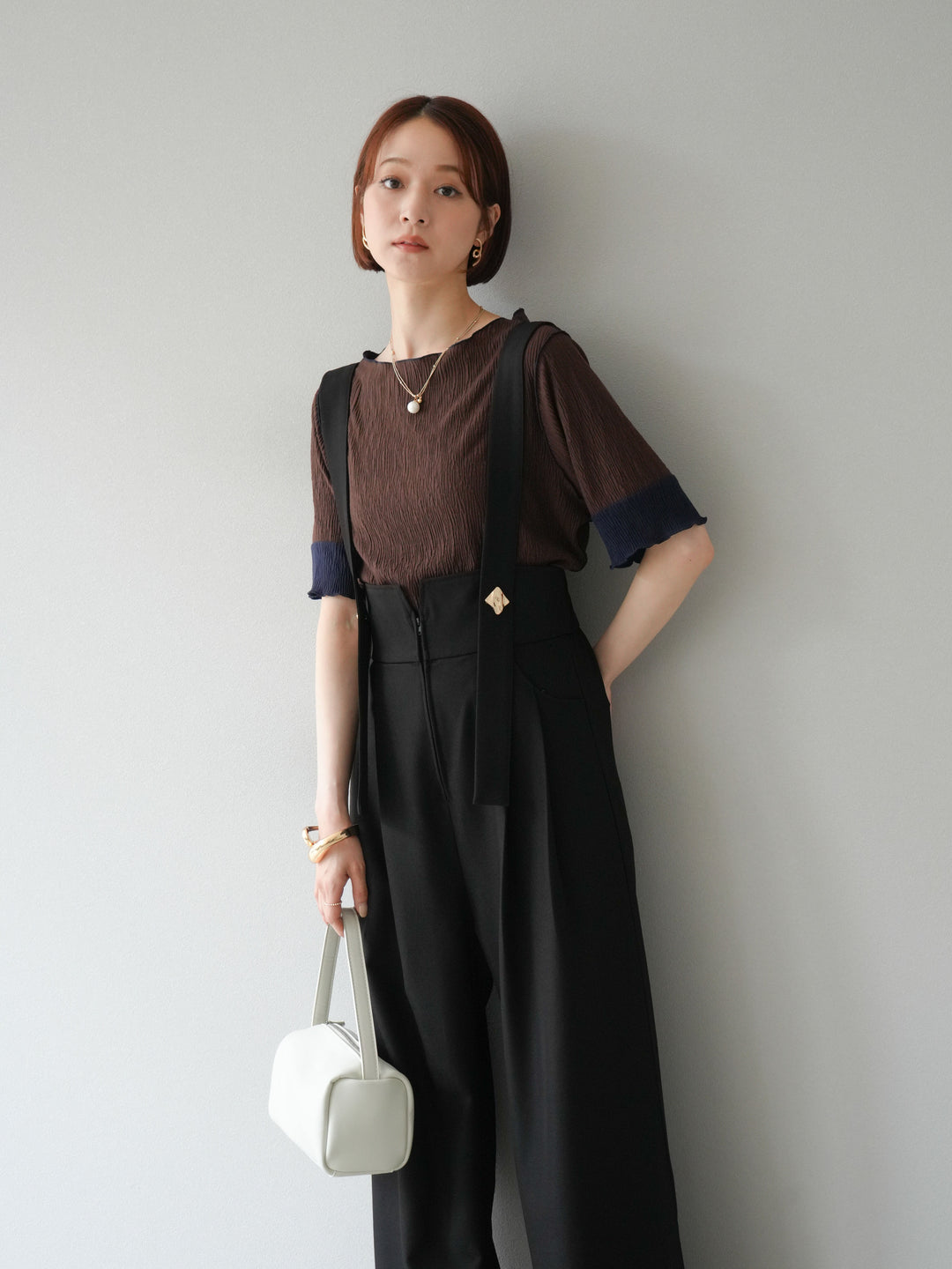 [SET]プリーツ配色ボートネックプルオーバー+ゴールドボタンサスペンダーワイドパンツ(2set)
