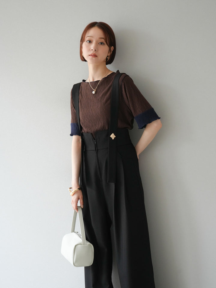 [SET]プリーツ配色ボートネックプルオーバー+ゴールドボタンサスペンダーワイドパンツ(2set)
