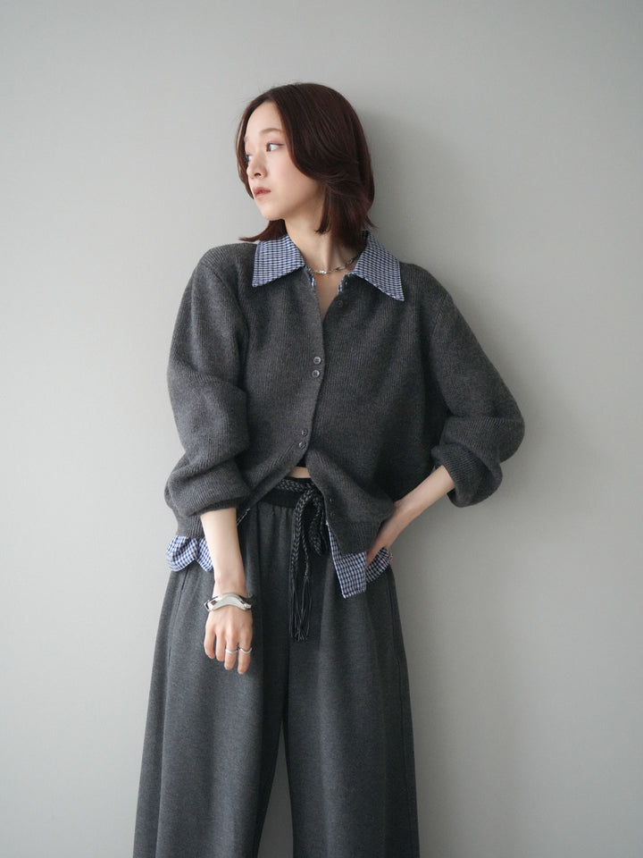 [SET]チェックシャツ襟ニットカーディガン+編み込みベルト付きウエスト配色スエットパンツ(2set)
