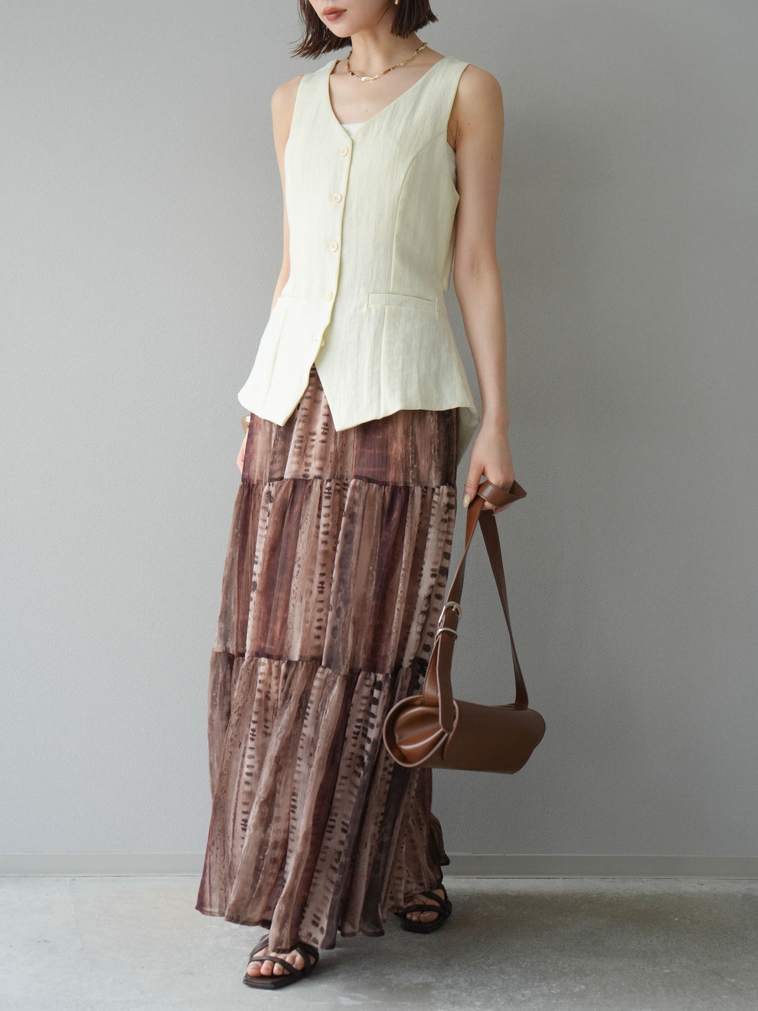 [SET]リネンタッチバックオープンベスト＆ニュアンス柄マキシスカートSET UP(2set)