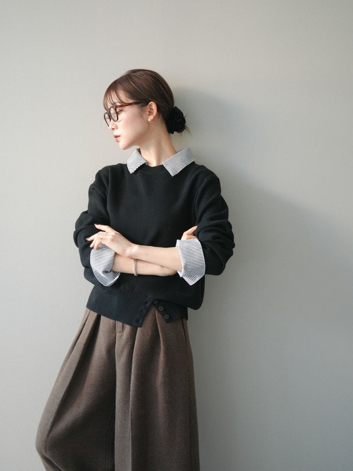 [予約]シャツドッキングデザイン裾ボタンニットプルオーバー/black