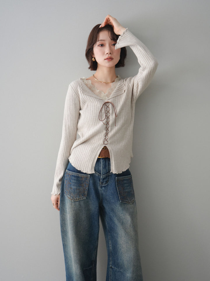 [予約]レースネックレースアップリブニットトップス/greige