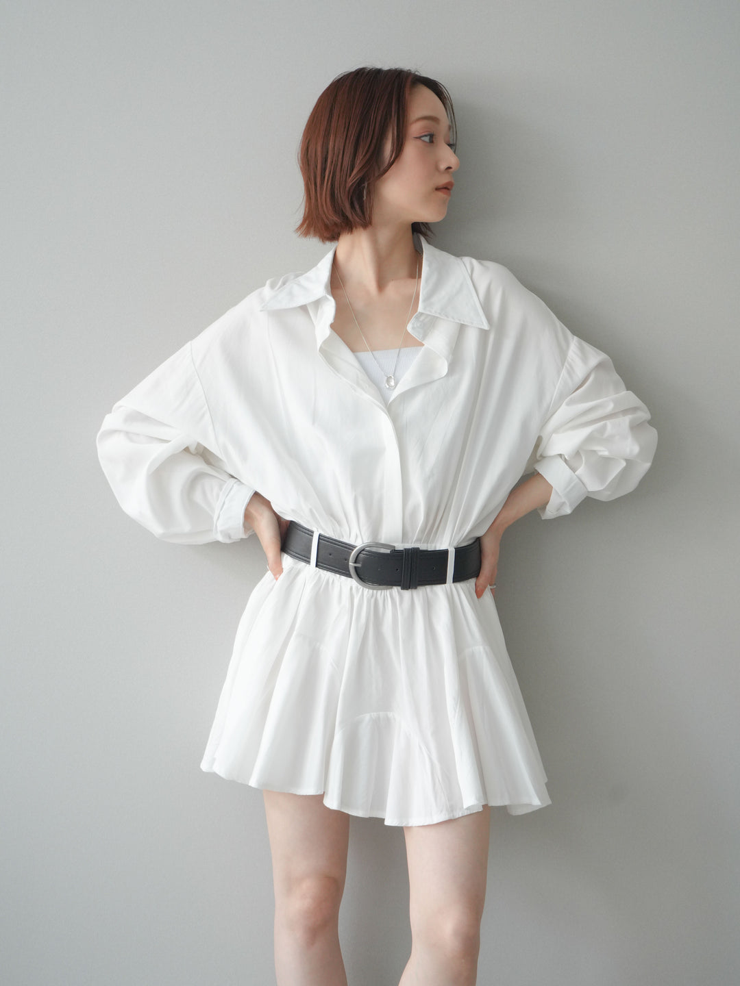 【預購】繫帶喇叭襯衫迷你洋裝 / 白色