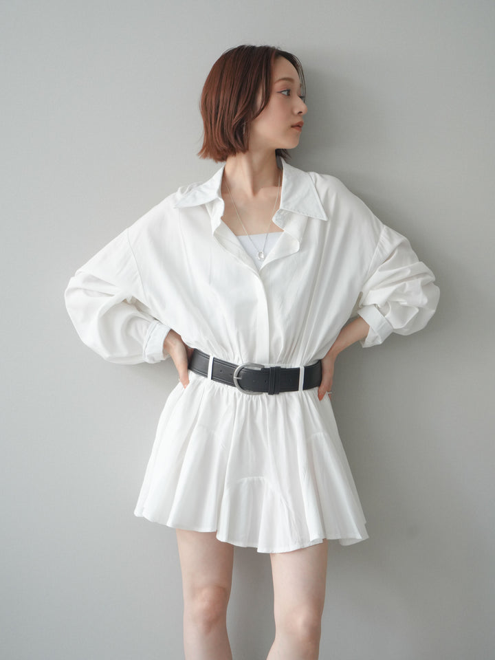 【預購】繫帶喇叭襯衫迷你洋裝 / 白色