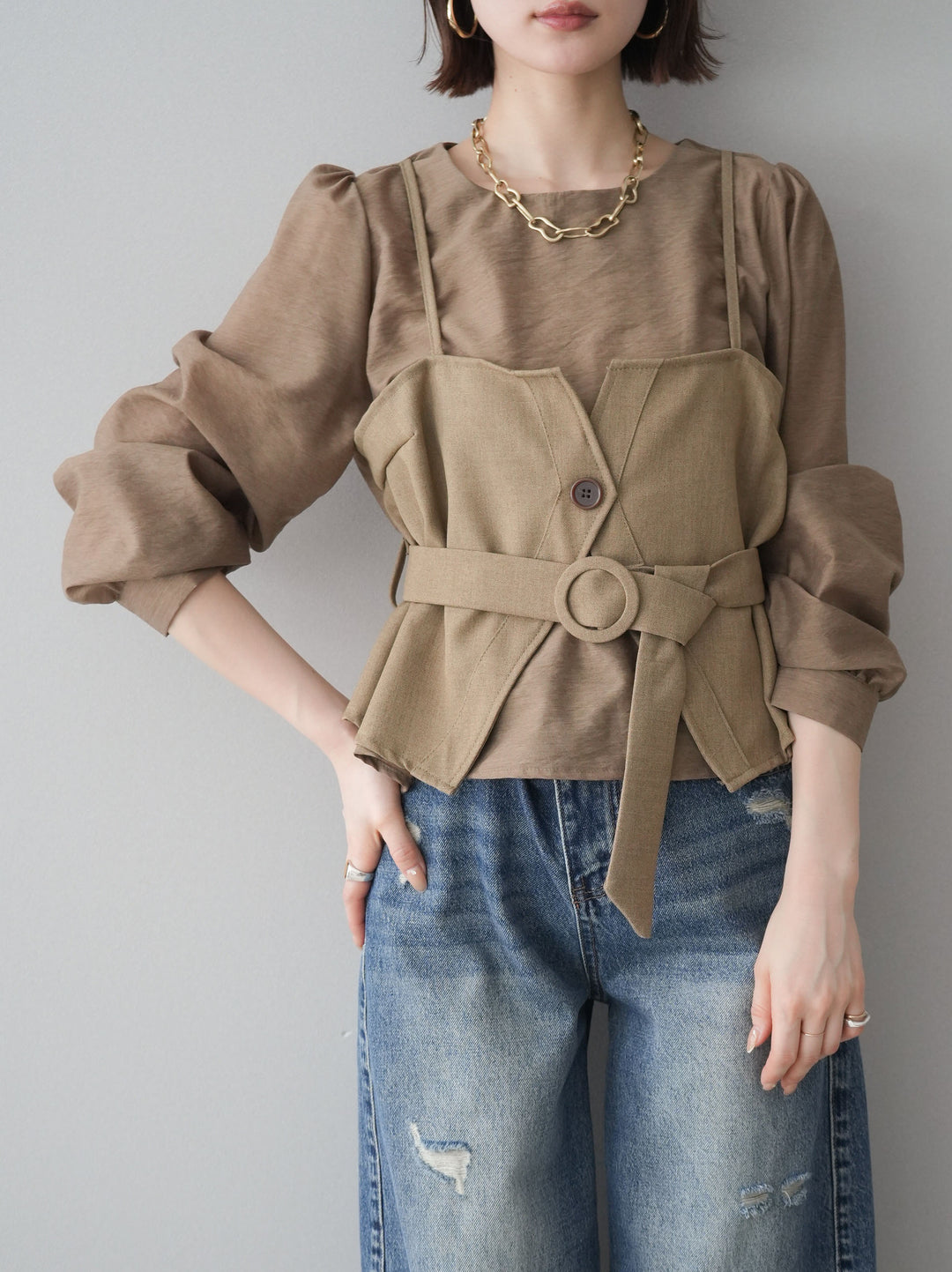 [SET]異素材ビスチェドッキングブラウス+異素材ビスチェドッキングブラウス(2set)