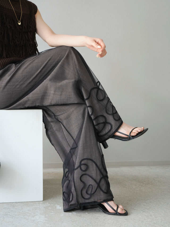 [SET]透かし編みフリンジニットトップス+コード刺繍チュールレイヤードパンツ(2set)