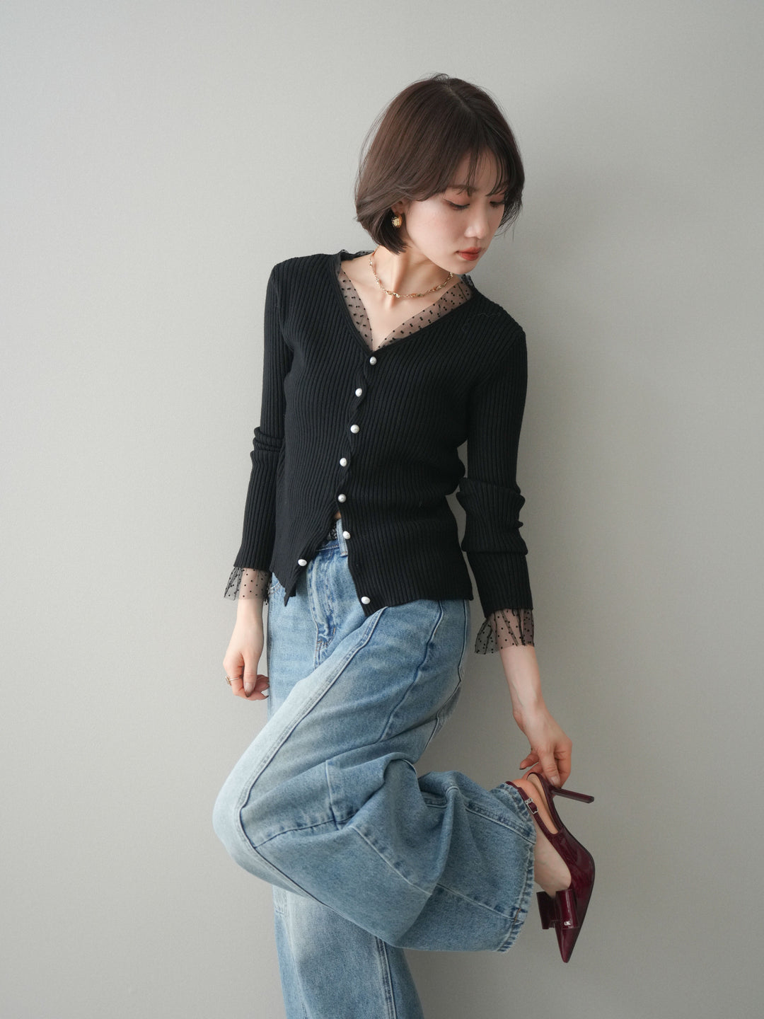 [SET]チュールドッキングパールボタンニットカーディガン+選べるアクセセット(2set)