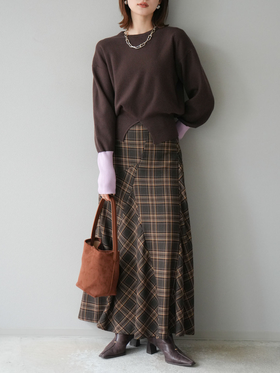 [予約]チェック柄マーメイドスカート/ブラウン