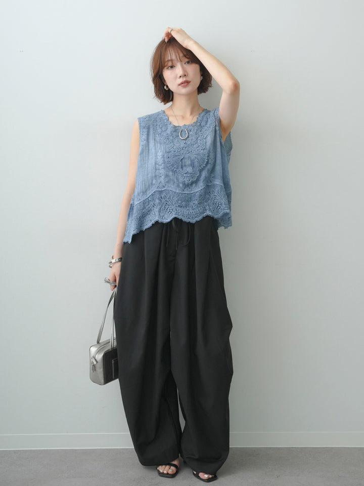 [SET]アンティークレースノースリトップス+ベルトループカーブタックワイドパンツ(2set)