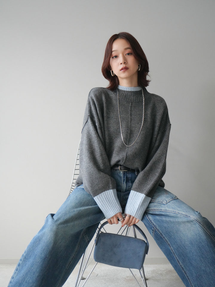 [SET]配色ハイネックニットプルオーバー+ペインターカーブデニムパンツ(2set)