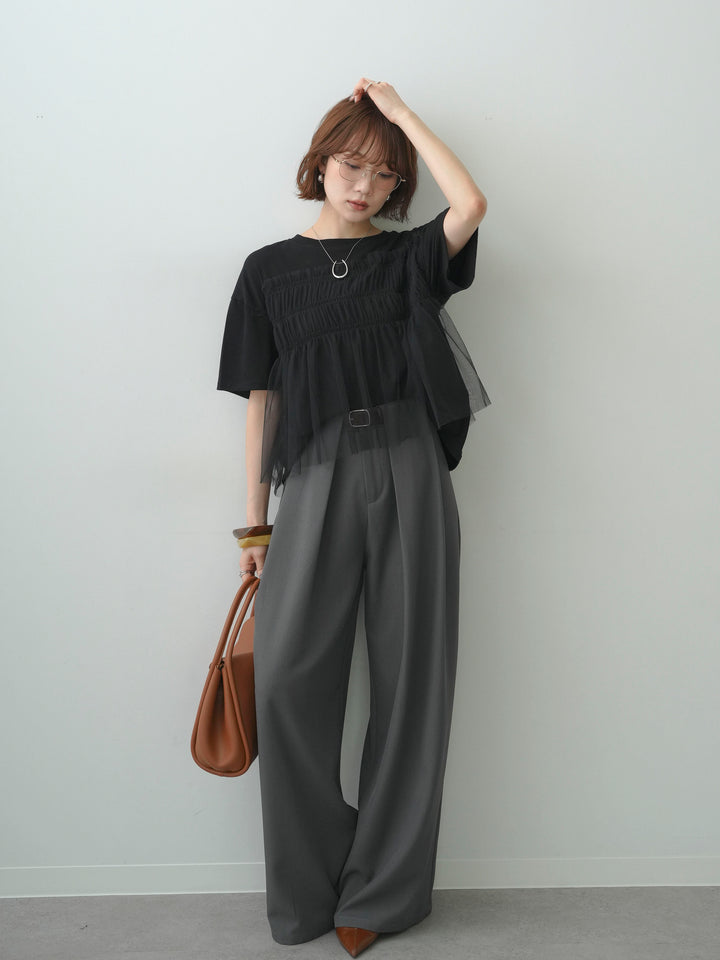 [SET]ギャザーチュールドッキングTEE+ベルトループデザインワイドパンツ(2set)