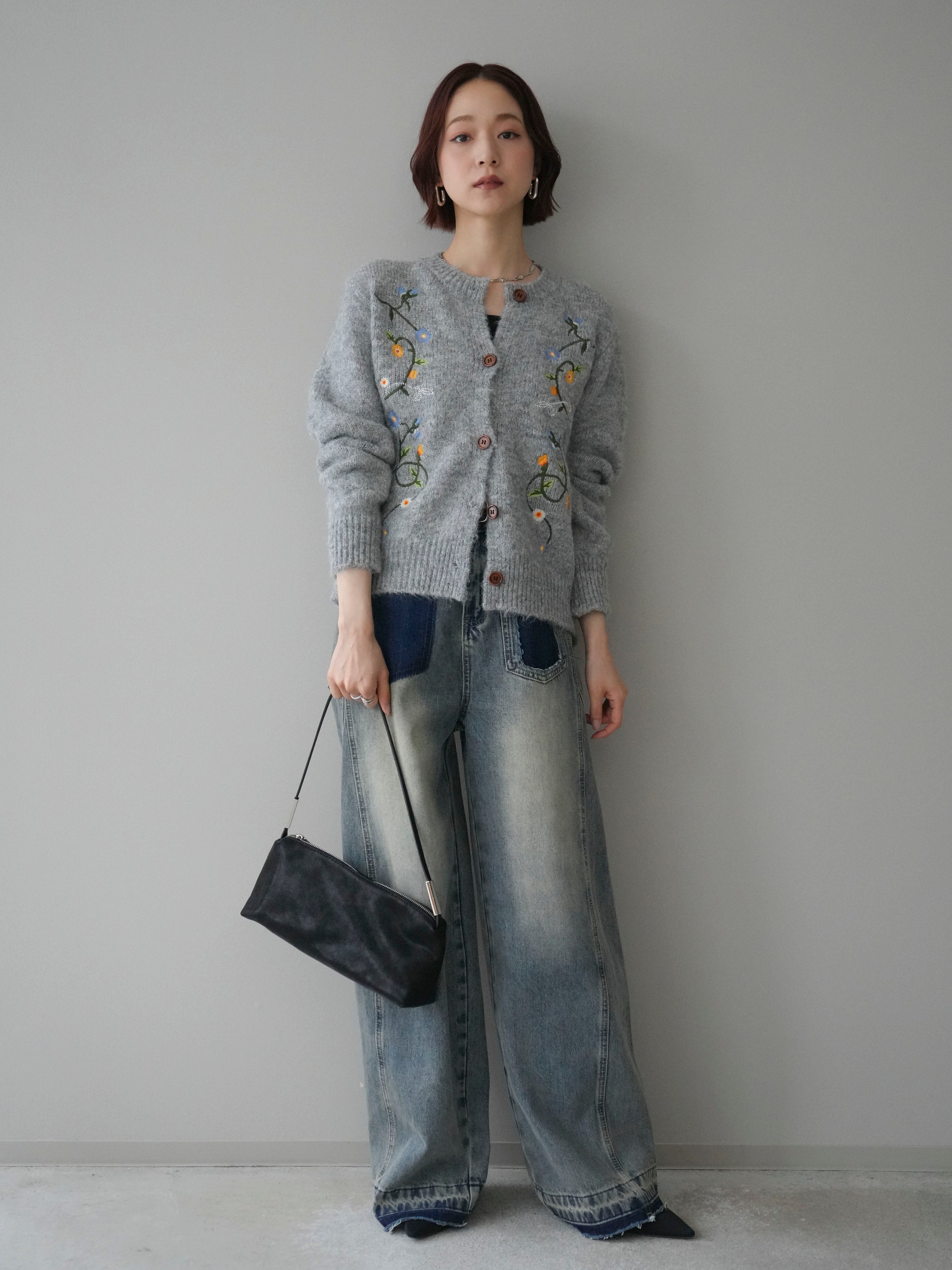 予約]フラワー刺繍ニットカーディガン/gray – Lumier