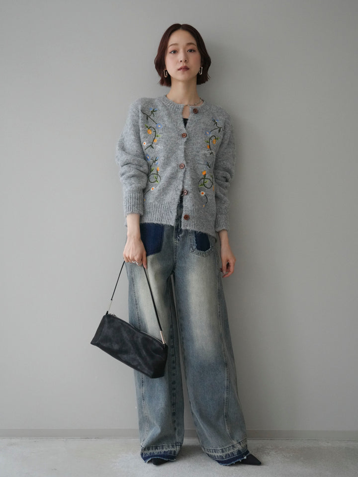 【預購】花朵刺繡針織開襟衫 / 灰色